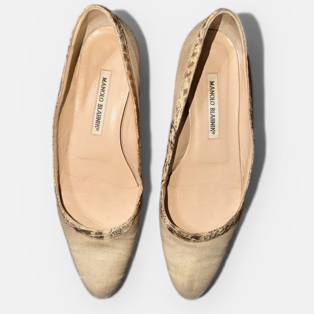 Manolo Blahnik Canvas Flats with gold snakeskin trim